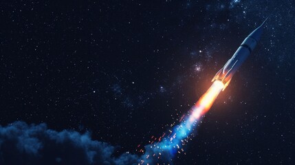 Poster - Rocket with a light blast flies and takes off into space in the starry sky. Spaceship launch on a dark background, concept.