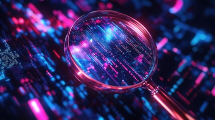 Poster - A magnifying glass magnifying text amidst digital data streams and holographic elements, symbolizing data investigation and research.