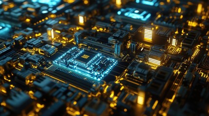 Poster - A microchip on a circuit board, glowing blue and gold, capturing the intricate details and complexity of advanced electronic systems.