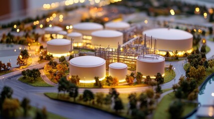 Poster - A miniature industrial facility model featuring large storage tanks in a landscaped environment, representing modern design and sustainability.