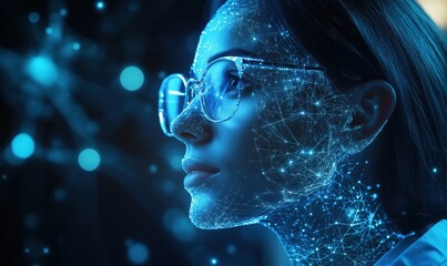 Poster - Digital representation of a woman with glowing network connections on her face, symbolizing technology and innovation in the digital age