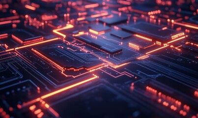 Poster - Futuristic circuit board with glowing orange lines and intricate patterns, showcasing advanced technology and digital connectivity