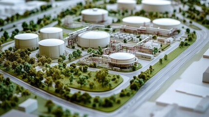 Poster - A model of an industrial facility with large storage tanks, nestled within a green, landscaped environment, demonstrating a modern, eco-friendly layout.