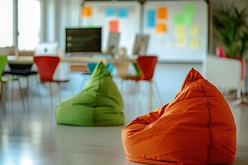Poster - Colorful beanbag chairs in a modern office space.