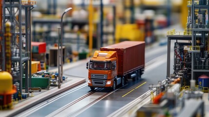 Aufkleber - A model truck in an industrial backdrop, with large structures and a colorful setting, illustrating the robust movement of goods in the manufacturing industry.