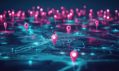 Poster - Digital map with glowing location markers, representing navigation, technology, and connectivity in urban environments