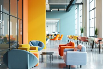 Poster - Modern office lounge with colorful seating and large windows.