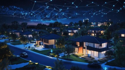Poster - A modern digital community with interconnected smart homes at night, showcasing IoT and digital networks in a suburban setting.