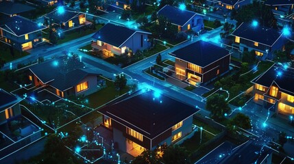Poster - A modern digital community with interconnected smart homes at night, showcasing IoT and digital networks in a suburban setting.