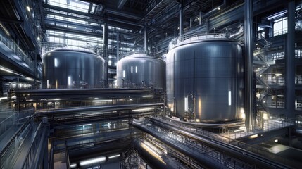 Poster - A modern industrial facility featuring three large storage tanks and a network of pipes, demonstrating efficient design and functionality.