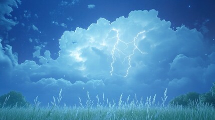 Aufkleber - A dramatic sky filled with clouds and lightning over a grassy field at night.