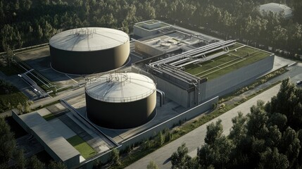 Poster - A modern industrial facility featuring three large storage tanks and a network of pipes, demonstrating efficient design and functionality.
