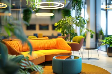 Poster - Modern office lounge with vibrant orange seating and lush greenery.