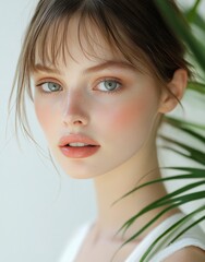 Wall Mural - Portrait of a young woman with natural makeup and soft sunlight filtering through palm leaves