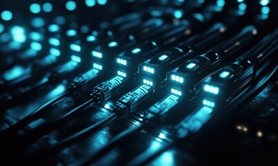 Poster - Illuminated Network Cables with Blue LED Lights, High-Tech Data Transmission, Digital Connectivity, Modern Technology Background