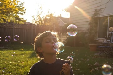 Wall Mural - A child blowing bubbles in a grassy backyard on a sunny day