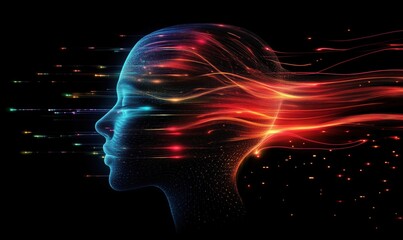 Poster - digital representation of human head with flowing light trails symbolizing thoughts and emotions, sh