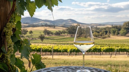 Poster - A refreshing glass of white wine, framed by the rolling vineyards in the background, symbolizing luxury and elegance in a vineyard setting.