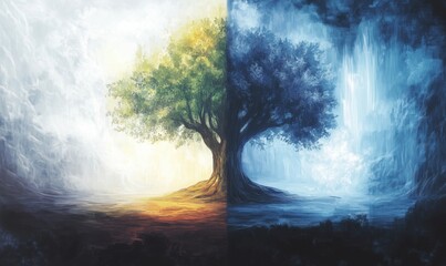 Poster - duality of nature: tree divided by light and darkness, symbolizing life's balance, vibrant colors, c