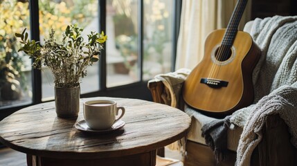 Poster - A rustic coffee arrangement with a warm cup of coffee on a wooden table and a guitar leaning against a chair, evoking a cozy, laid-back vibe.