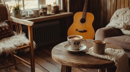 Poster - A rustic coffee arrangement with a warm cup of coffee on a wooden table and a guitar leaning against a chair, evoking a cozy, laid-back vibe.