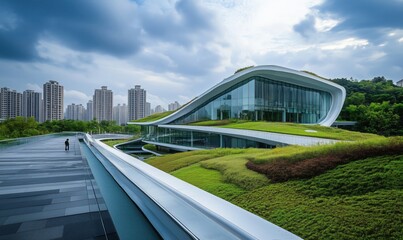 Poster - Modern architectural marvel with green roof and urban backdrop, showcasing innovative design and sustainable landscaping