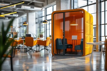 Poster - Modern office with vibrant orange meeting pod