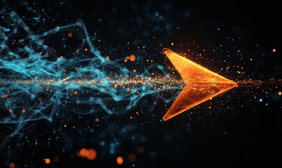 Poster - Dynamic arrow symbolizing progress and innovation, composed of glowing blue and orange particles, representing technology and digital transformation