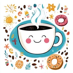 Wall Mural - A cheerful coffee cup surrounded by donuts and playful decorations.