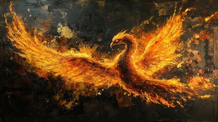 Poster - A fiery phoenix rising from glowing ashes, its wings ablaze
