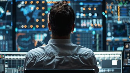 Aufkleber - A person observes intricate data displays on multiple screens in a high-tech workspace. The setting is illuminated by colorful graphs and statistics, creating a focused atmosphere for analysis.