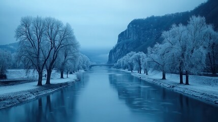 Wall Mural - Serene Winter Landscape with Snow-Covered Trees and Tranquil River Under a Soft Blue Sky in Early Morning