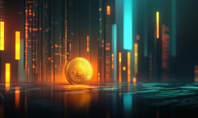 Poster - bitcoin cryptocurrency symbol illuminated in futuristic digital environment with glowing data stream