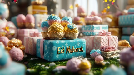 A whimsical Eid Mubarak greeting card design with pastel-colored gifts, sweets, and golden ornaments. Perfect for online greetings or printed cards.