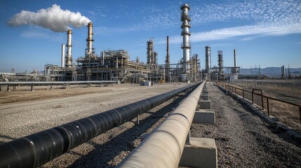 Poster - A side shot of a gas pipe stretching to a factory, with an oil refinery in the background, emphasizing industrial energy distribution.