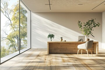 Poster - Modern minimalist home office with wooden desk and large window overlooking trees.