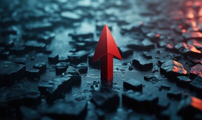 Poster - Red upward arrow symbolizing growth and progress on dark textured surface with reflections and dramatic lighting