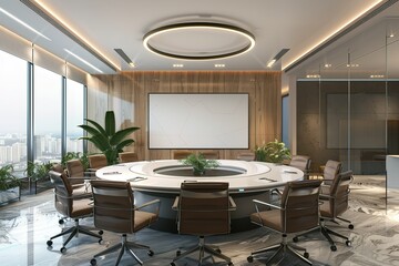 Poster - Modern circular boardroom with city view