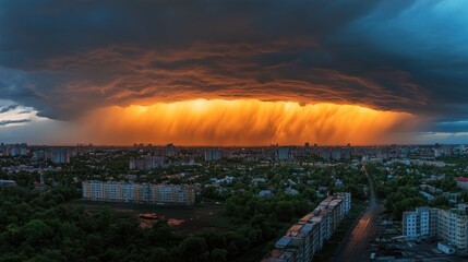 Aufkleber - A dramatic sunset behind storm clouds over a cityscape, showcasing nature's power.