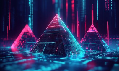 Poster - Futuristic neon pyramids in digital landscape with glowing lines and patterns, showcasing advanced technology and cyber aesthetics