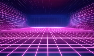 Poster - Futuristic neon grid landscape with vibrant pink and blue colors, creating a retro 80s aesthetic, perfect for digital art and virtual environments