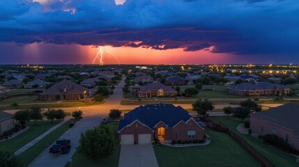 Poster - A dramatic sunset with lightning over suburban homes, capturing nature's power.