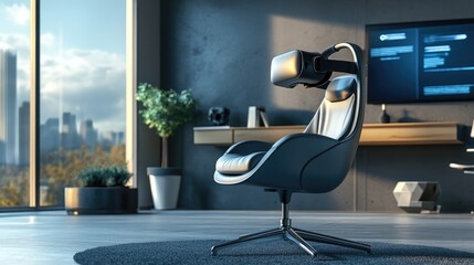 Aufkleber - A stylish home learning space with an ergonomic chair and virtual reality gear, representing the fusion of technology and education.