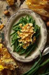 Sticker - Green beans topped with almond slices on a textured platter surrounded by decorative elements