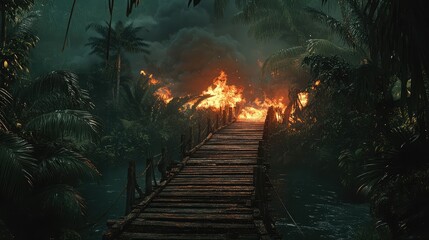 Poster - A wooden bridge ablaze in a dense jungle environment
