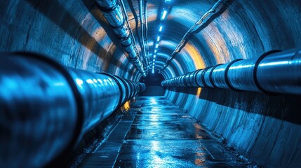Poster - A surreal underground tunnel with glowing pipes and a mysterious ambiance, illuminated by soft blue light, creating a futuristic industrial scene.