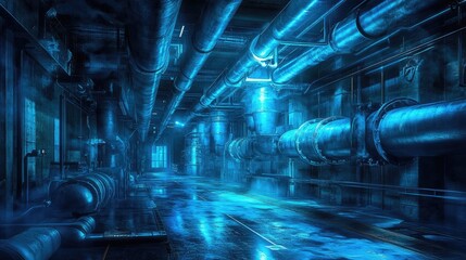 Poster - A surreal underground space with glowing pipes and a soft blue light, creating a mysterious and atmospheric industrial environment.