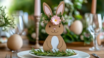 Wall Mural - Creative Easter table decoration featuring a bunny with floral crown and pastel eggs