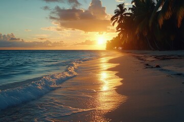 Poster - Beautiful sunset over tranquil beach with palm trees and gentle waves