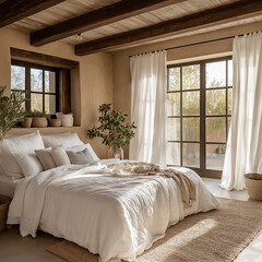 Wall Mural - A bedroom with a white linen bed, cream curtains, and plants in the corner of the room, a beige rug on the floor, wooden ceiling beams, a large arched window with natural light, boho-style decor